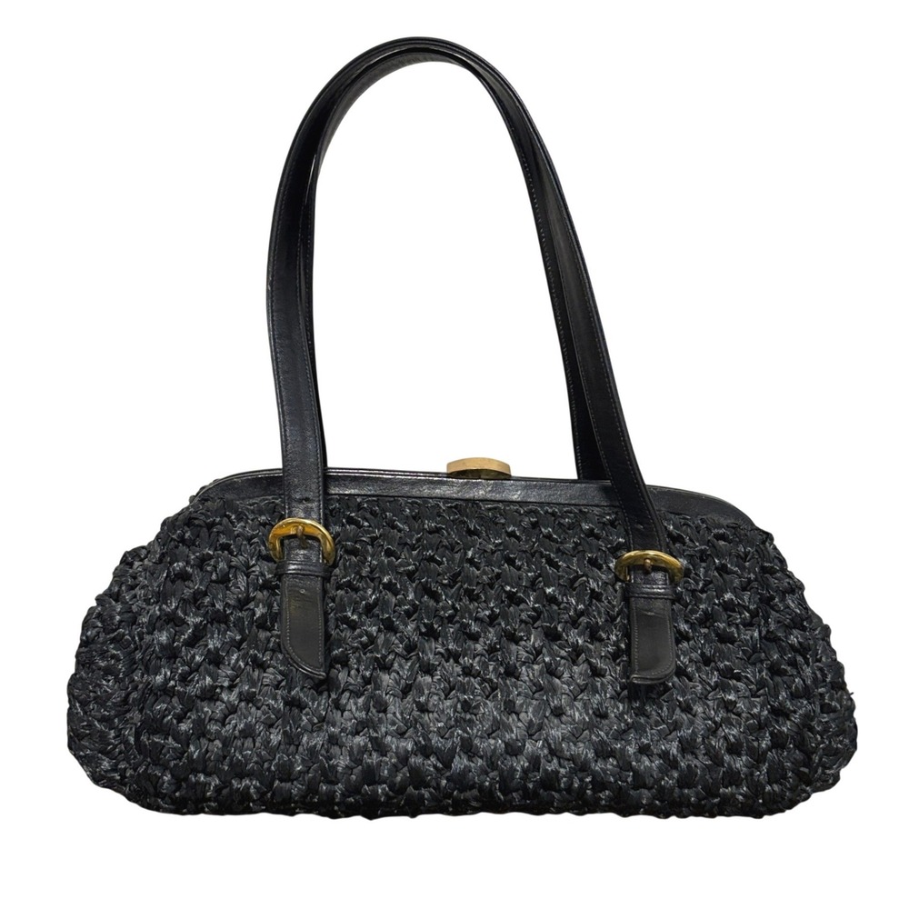 Morris Moskowitz Baguette Shoulder Bag Vintage Black Woven Raffia Gold Hardware